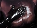 Blonde Girl in Oiled Spandex grabs Cock in Latex Gloves till Cum in her Hands