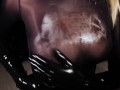 Blonde Girl in Oiled Spandex grabs Cock in Latex Gloves till Cum in her Hands