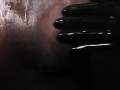 Blonde Girl in Oiled Spandex grabs Cock in Latex Gloves till Cum in her Hands