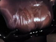 Blonde Girl in Oiled Spandex grabs Cock in Latex Gloves till Cum in her Hands