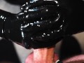 Blonde Girl in Oiled Spandex grabs Cock in Latex Gloves till Cum in her Hands