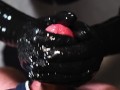 Blonde Girl in Oiled Spandex grabs Cock in Latex Gloves till Cum in her Hands