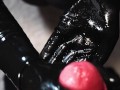 Blonde Girl in Oiled Spandex grabs Cock in Latex Gloves till Cum in her Hands