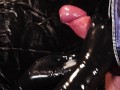 Blonde Girl in Oiled Spandex grabs Cock in Latex Gloves till Cum in her Hands