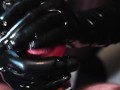 Blonde Girl in Oiled Spandex grabs Cock in Latex Gloves till Cum in her Hands
