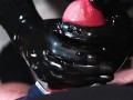 Blonde Girl in Oiled Spandex grabs Cock in Latex Gloves till Cum in her Hands