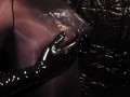 Blonde Girl in Oiled Spandex grabs Cock in Latex Gloves till Cum in her Hands