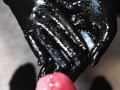 Blonde Girl in Oiled Spandex grabs Cock in Latex Gloves till Cum in her Hands