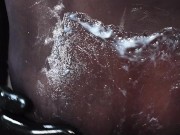 Blonde Girl in Oiled Spandex grabs Cock in Latex Gloves till Cum in her Hands