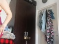 Sexy wife has fun trying on clothes and cutting them. Brunette dances naked around the house.