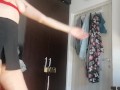Sexy wife has fun testing clothes and cutting them off. Brunette dances naked around the house.