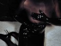 Dirty Girl in Shiny Spandex and Latex Skirt gives Handjob till Cum