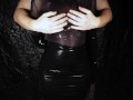 Dirty Girl in Shiny Spandex and Latex Skirt gives Handjob till Cum