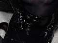 Dirty Girl in Shiny Spandex and Latex Skirt gives Handjob till Cum