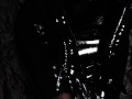 Dirty Girl in Shiny Spandex and Latex Skirt gives Handjob till Cum
