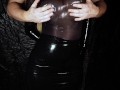Dirty Girl in Shiny Spandex and Latex Skirt gives Handjob till Cum