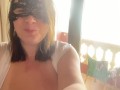 Hairy pussy on the outdoor balcony masturbates and orgasms with squirting.