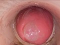The camera in the deep pussy records a huge ejaculation of sperm into the condom