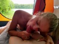 While this slut's husband was relaxing in a nearby tent, she sucked my dick and fucked in the ass