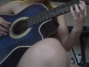 Petite blonde strips for her guitar teacher, so he can finish on her back