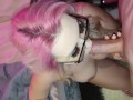 Glasses wearing big tits blonde milf suck cock & gets huge cumshot facial pov