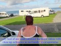 Trashy MILF slut pisses on the grass in front of other campers at the beach