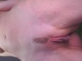 Close up pulling my long sexy pussy lips with my landing strip ready to be licked