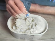 Wet and messy ice cream challenge in leather jacket and levis jeans