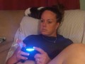 Sexy Step Mom Secretary Upskirt Teasing Spreading Legs Wide and Smoking While Playing Video Games