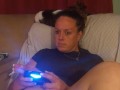 Sexy Step Mom Secretary Upskirt Teasing Spreading Legs Wide and Smoking While Playing Video Games
