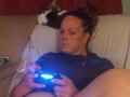 Sexy Step Mom Secretary Upskirt Teasing Spreading Legs Wide and Smoking While Playing Video Games