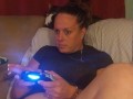 Sexy Step Mom Secretary Upskirt Teasing Spreading Legs Wide and Smoking While Playing Video Games