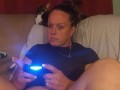 Sexy Step Mom Secretary Upskirt Teasing Spreading Legs Wide and Smoking While Playing Video Games