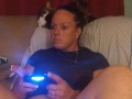 Sexy Step Mom Secretary Upskirt Teasing Spreading Legs Wide and Smoking While Playing Video Games