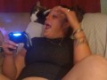 Sexy Step Mom Secretary Upskirt Teasing Spreading Legs Wide and Smoking While Playing Video Games