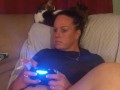 Sexy Step Mom Secretary Upskirt Teasing Spreading Legs Wide and Smoking While Playing Video Games
