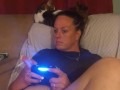 Sexy Step Mom Secretary Upskirt Teasing Spreading Legs Wide and Smoking While Playing Video Games