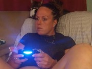 Sexy Step Mom Secretary Upskirt Teasing Spreading Legs Wide and Smoking While Playing Video Games