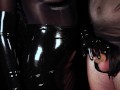 Dirty Girl in Shiny Spandex and Latex Skirt gives Handjob till Cum