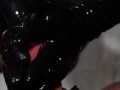 Dirty Girl in Shiny Spandex and Latex Skirt gives Handjob till Cum