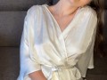Hot wife in a dressing gown waits for her pussy lover while she's home alone