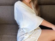 Hot wife in a dressing gown waits for her pussy lover while she's home alone