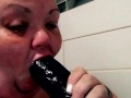 Bbw milf throat fucked BBC dildo in the shower
