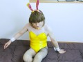 Japanese Crossdressing Gloss Bunny Girl Lying Down – Shiny Suit and Fishnets