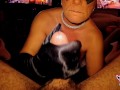 Blue Eyed Big Titty Milf in a black mask & black velvet gloves swallows a huge load after a blowjob