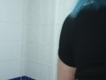 Hairy pussy, big boobs peeing in a public toilet
