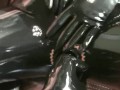 Couple Full In Black Rubber Catsuit Mask Gloves Condom Encasement Latex Sex