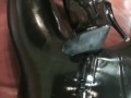 Couple Full In Black Rubber Catsuit Mask Gloves Condom Encasement Latex Sex