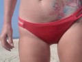 Public peeing my red bikini