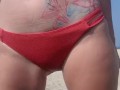 Public peeing my red bikini